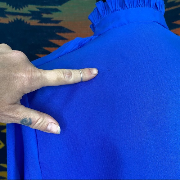 Vintage Shirley of Atlanta poly Royal Blue Ruffled button up blouse. USA. Med. - Picture 7 of 14